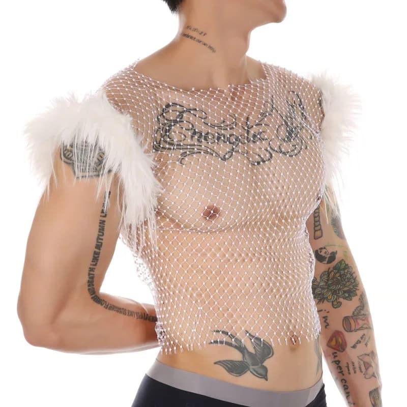 Canottiera da pesca trasparente da uomo Sexy piuma senza maniche Top lucido scava fuori canotte in rete di strass Gay Sissy Night Club Costume