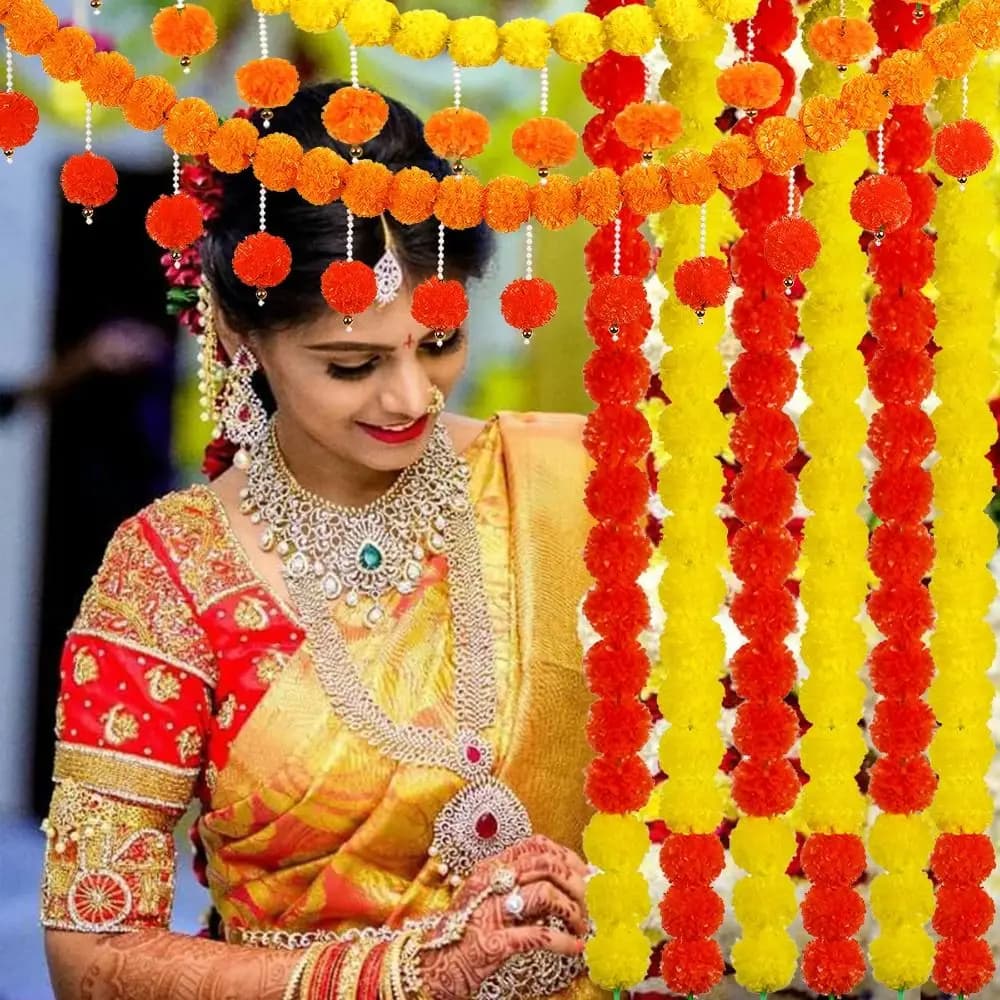 Artificial calendula garland in Indian style with pearls House decorations 135 cm fake plant for the Halloween day of the dead Christmas