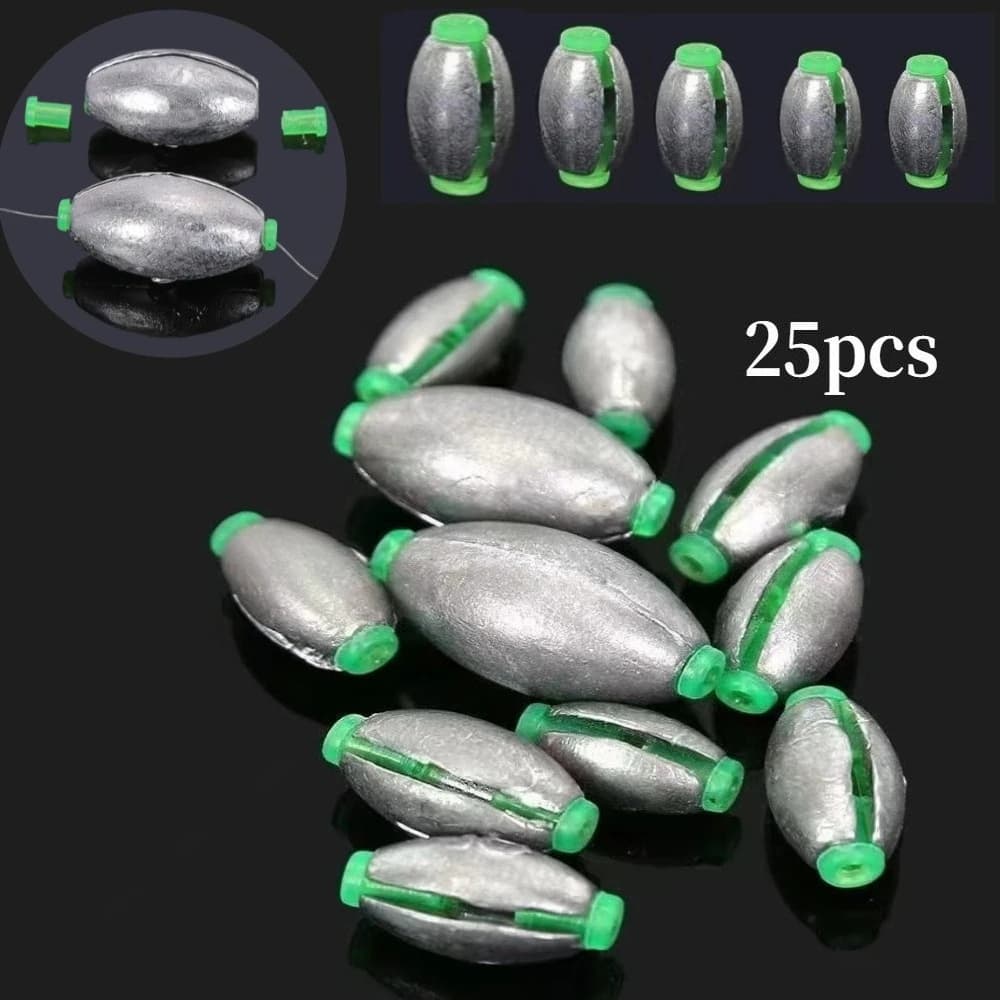 25 pcs Fishing weight Zavorra 3g 5g 8g 10g 10g 30g Oliva Shape Slip Shot Piombini Fishing Footage Lead Fall Hook Connector Accessories For Fishing