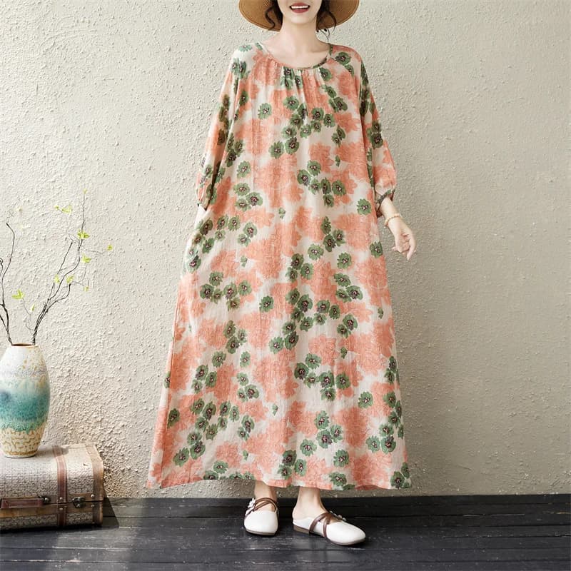 High-End plus Size Women's Summer New Thin Cotton Linen round Neck Meat Conceal Slimming Midi Dress Skirt Commute Artistic Lo...
