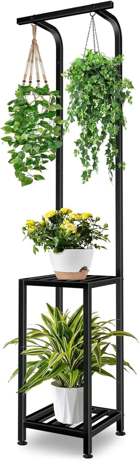 Supporto per Piante in Metallo a 3 Livelli, Alto 65 Pollici, per Uso Interno ed Esterno, Scaffale Sospeso con Vassoi per Soggiorno, Giardino, Balcone