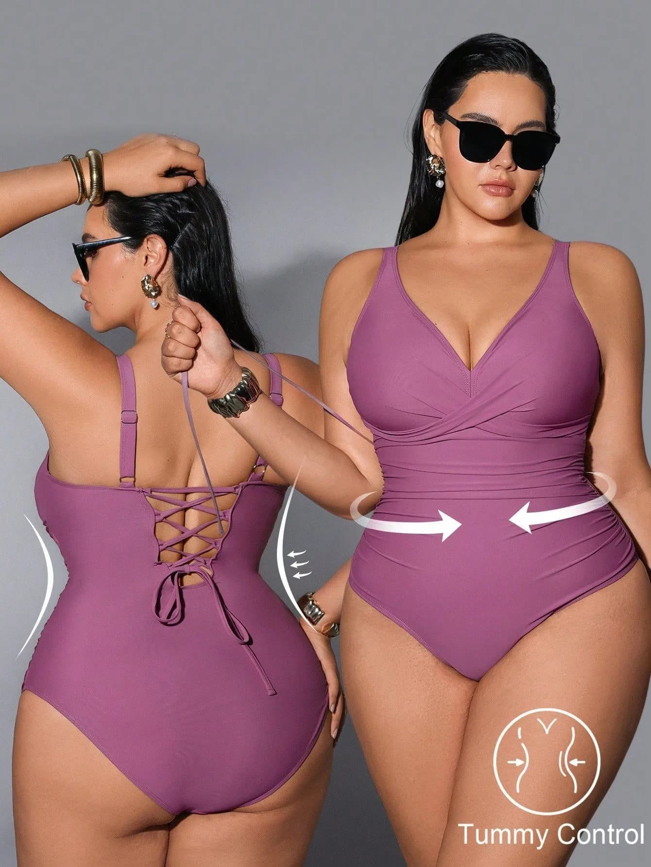 Costume da bagno donna 2026 taglie forti scollo a V vita arricciata viola malva taglio alto senza maniche