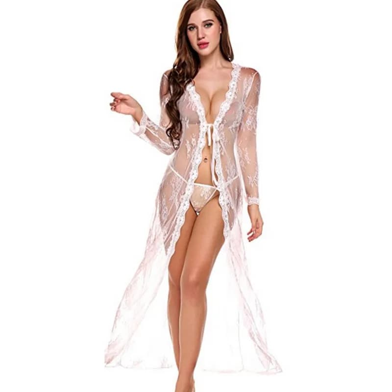Boho Lace Nightdress Maxi V-Neck Ruffle Long Sleeve Polyester Dress Casual Summer Sleepwear for Middle-Aged Women