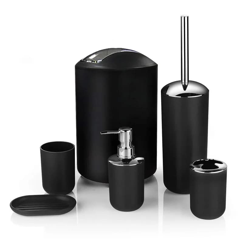 Set di 6 accessori da bagno antiscivolo: dispenser per lozione, porta spazzolini, scopino per WC, cestino per rifiuti, per hotel e casa.