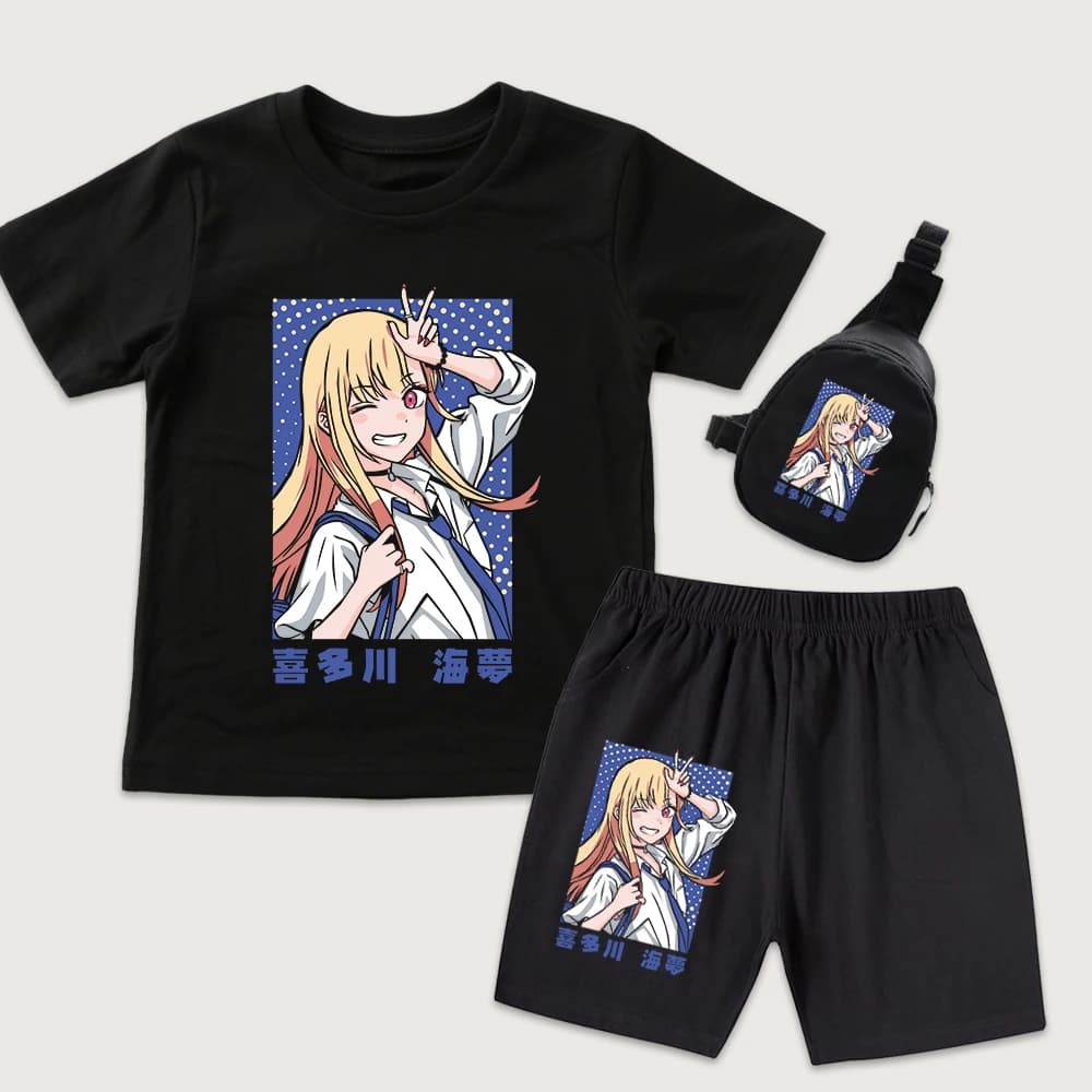 My Dress Up Darling Marin Kitagawa Anime Print Kids Cotton T Shirt Shorts Mini Chest Bag 3Pcs Set Boys Girls Summer Outfits