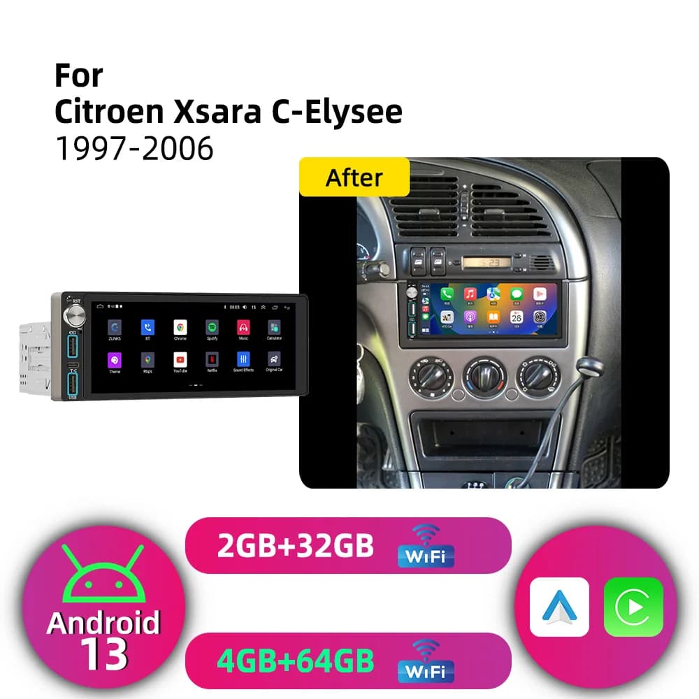 Android 1 Din Car Stereo for Citroen Xsara C-Elysee 1997-2006 CarPlay GPS Navigation Multimedia Autoradio Radio Head Unit