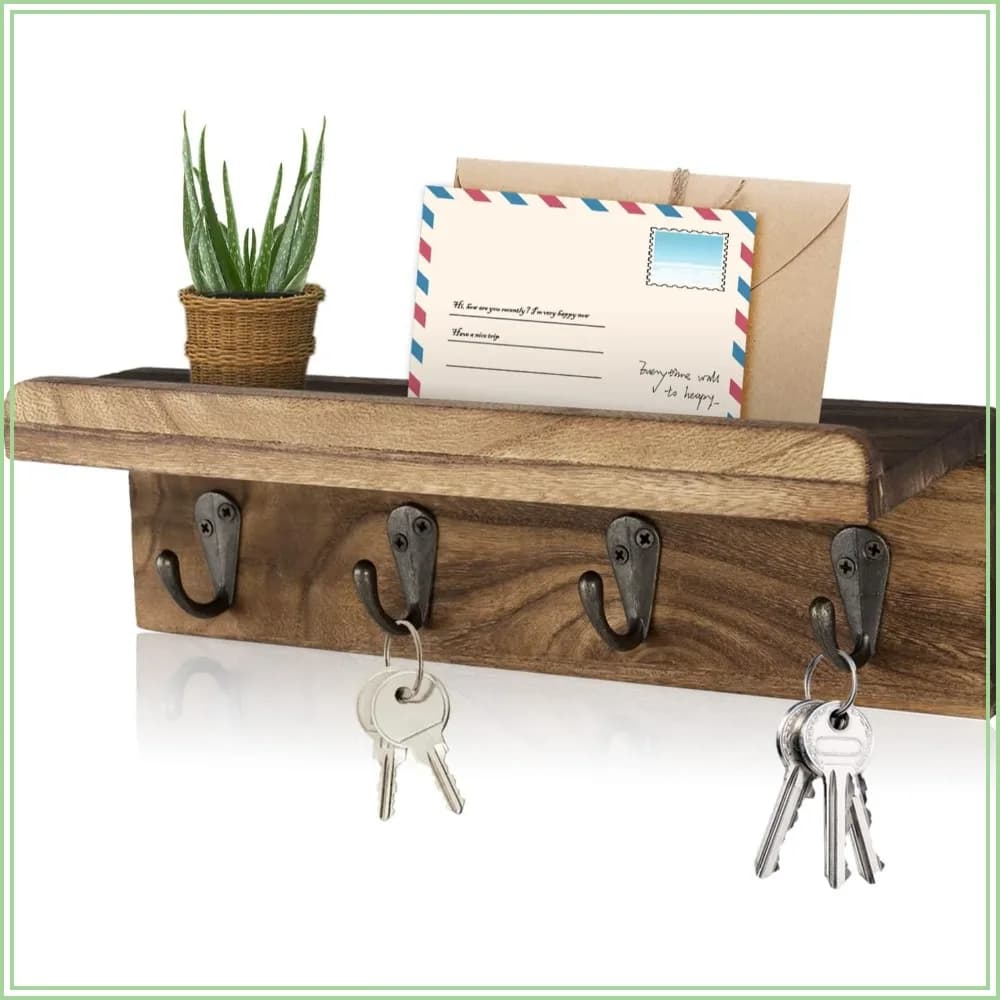 Farmhouse Wall Shelf with 4 Hooks, Wooden Key Holder for Entryway, Rustic Mail Organizer