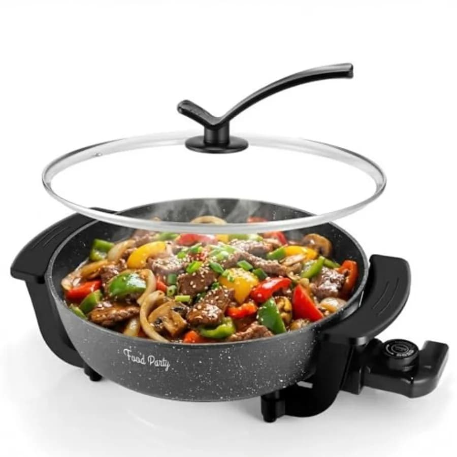 Electric pan with lid, 12 inches, 6 liters, electric cooker for cooking, 110V 1100W, non-stick, without PFOA.