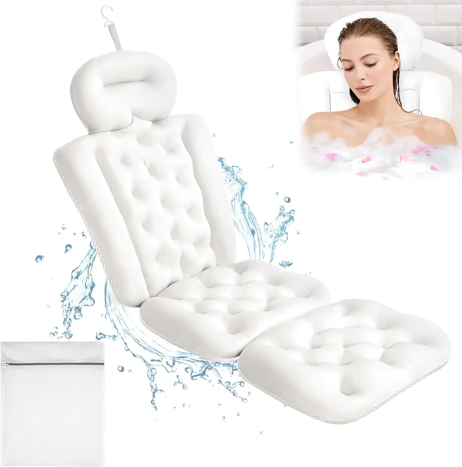 Cuscino da bagno di lusso per tutto il corpo per vasca da bagno, cuscino per doccia con borsa per biancheria in rete, tappetino per vasca con ventose antiscivolo, bianco