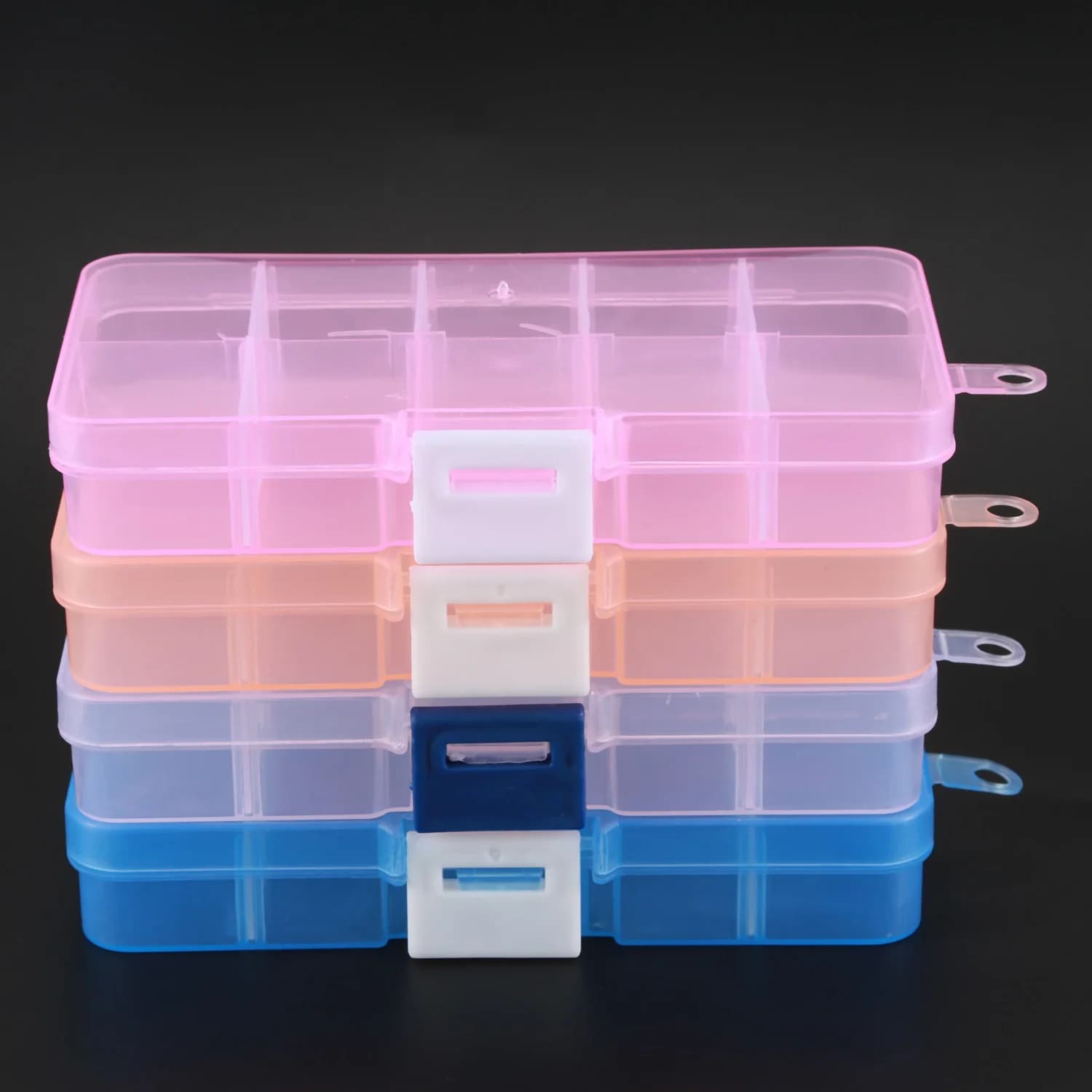ABQR Pack of 4 plastic storage containers for jewelry with adjustable dividers, 15 grids