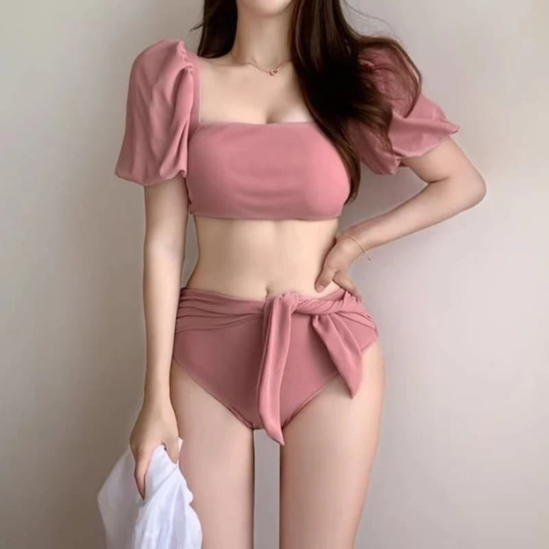 Nuovo Set Bikini Donna 2026 Rosa con Maniche a Bolla, Vita Alta e Fiocco, Costume da Bagno Due Pezzi per l'Estate e la Spiaggia