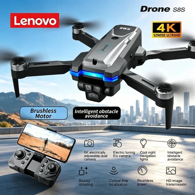 Drone Lenovo S8S con Motore Brushless, Tripla Fotocamera 8K, Evitamento Ostacoli, Lente Regolabile Elettricamente, Posizionamento a Flusso Ottico