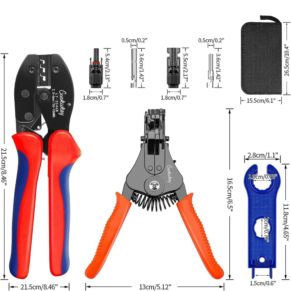 10 set di connettori fotovoltaici + 4 pinze a crimpare per connettori solari per cavi per pannelli solari da 2,5/4/6 mm2 + spelafili