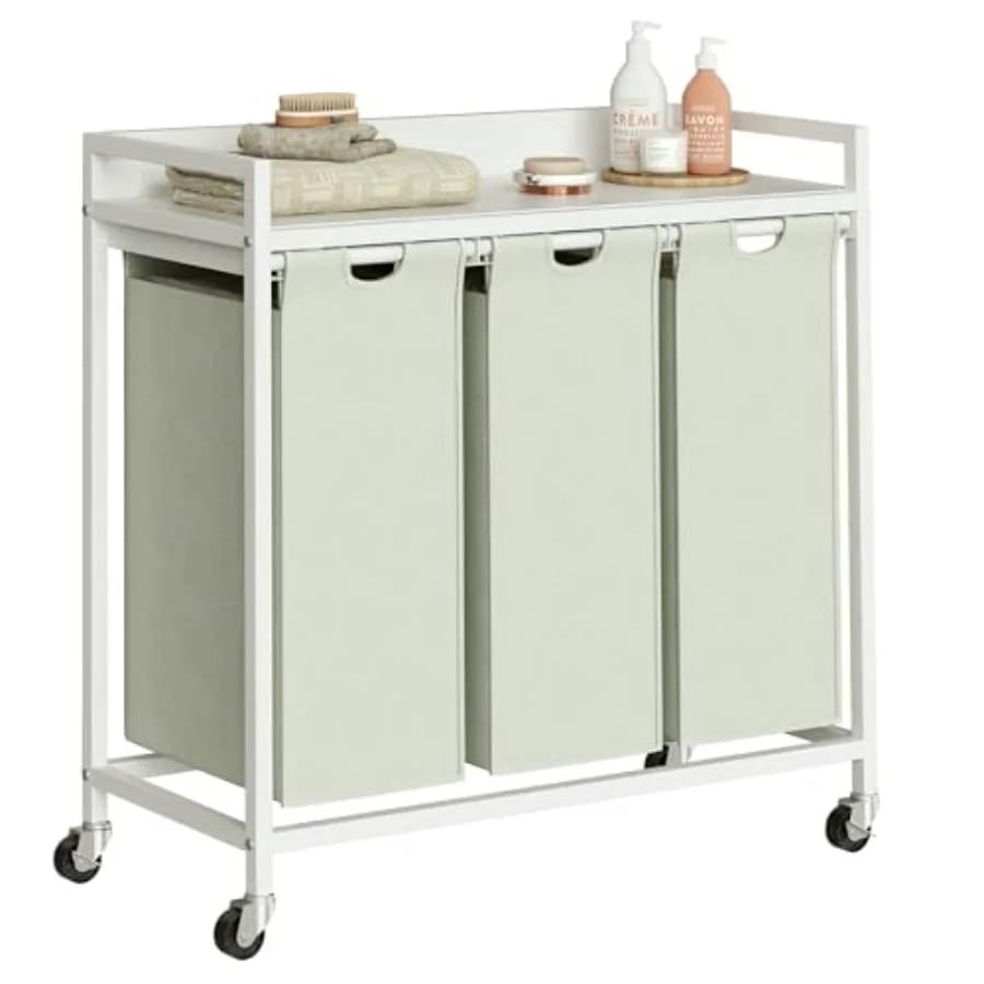 Cesto Portabiancheria con Ripiano, 3 Scomparti, Sacchi Estraibili Rimovibili, Ruote Mobili, Struttura in Metallo Robusta, 3×15.87 Gal (60L), Bianco