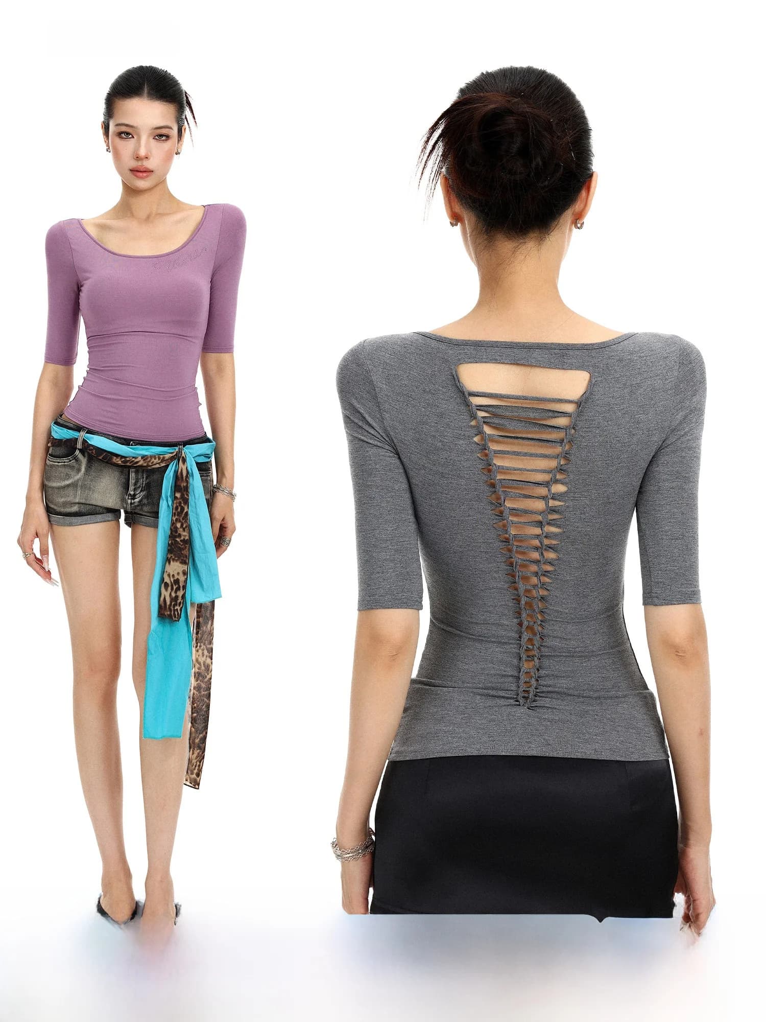 Slim Fit Short T-Shirt Women Summer Design Back Hollow out Letter Rhinestone Waist Cinched Hot Girl Style Breathable Skin-Fri...