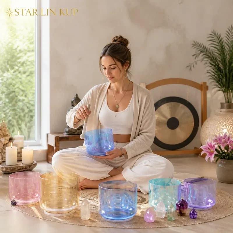 STAR LIN KUP 432Hz Crystal Singing Bowl Blue Aurora Alchemy Sound Healing Handheld Bowl with Accessories for Meditation Yoga