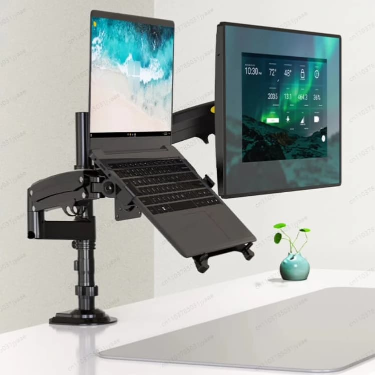 Supporto per Schermo Singolo Nero + Riser per Laptop FP-2 D52, Supporto da Scrivania 2-in-1 per Doppio Monitor, Base Girevole Estensibile con Raffreddamento