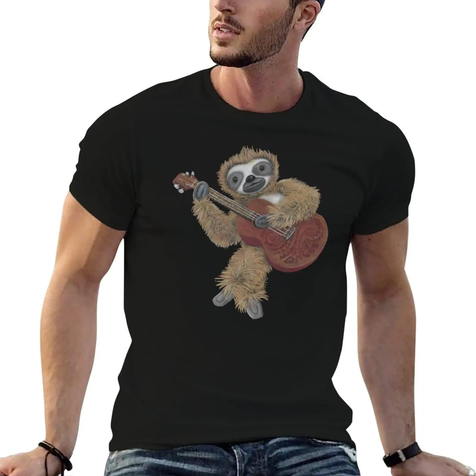 T-shirt Mr Slothy, il bradipo che suona il ukulele, t-shirt in cotone nero semplice da uomo, confezione di t-shirt da uomo, t-shirt con grafica.