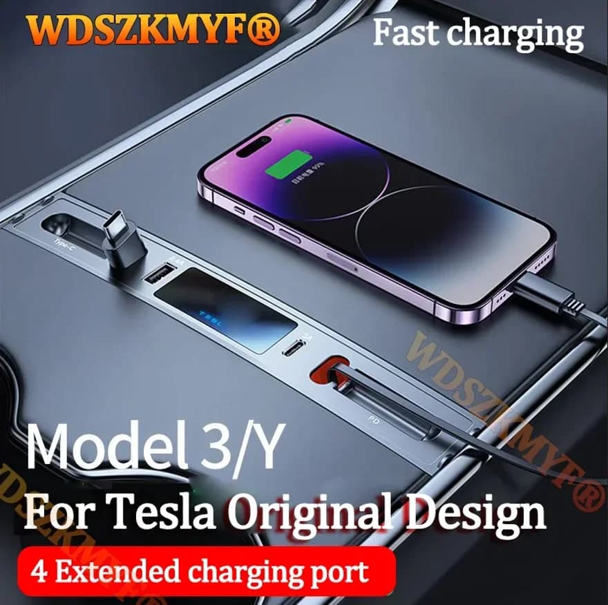 4IN1 For Tesla Model 3/Y 2021-23 Docking Station Quick Charger USB LED Shunt Hub Extension Central Console 4 Doors Smart Sensor