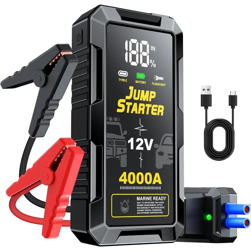 Avviatore di emergenza per auto 4000A, pacco batteria di avviamento di emergenza 12V (tutti i gas, motori diesel fino a 10,0 litri) Cavi di ponticello Batteria al litio portatile