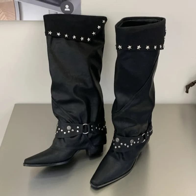 Punk Style Rivet Detail Knee-high Boots Women Fashion Pointed Toe Buckle Wedges Boots High-quality Soft Leather PU Platform Boot