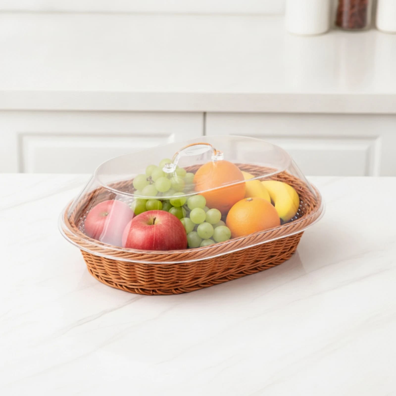Bread Basket with Acrylic Cover Low-Height Rattan Basket with Acrylic Lid Shallow Decorative for Bakeries, Kitchen Countertop