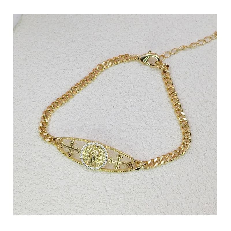 Hip Hop Vintage Hollow Virgin Head Maria Like Zircon Bracelet Copper Plated Real Gold Bracelet