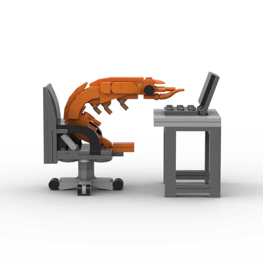 Shrimp models in MOC bricks, puzzle to assemble, random mix of male and female characters, creative parodies of influencers.