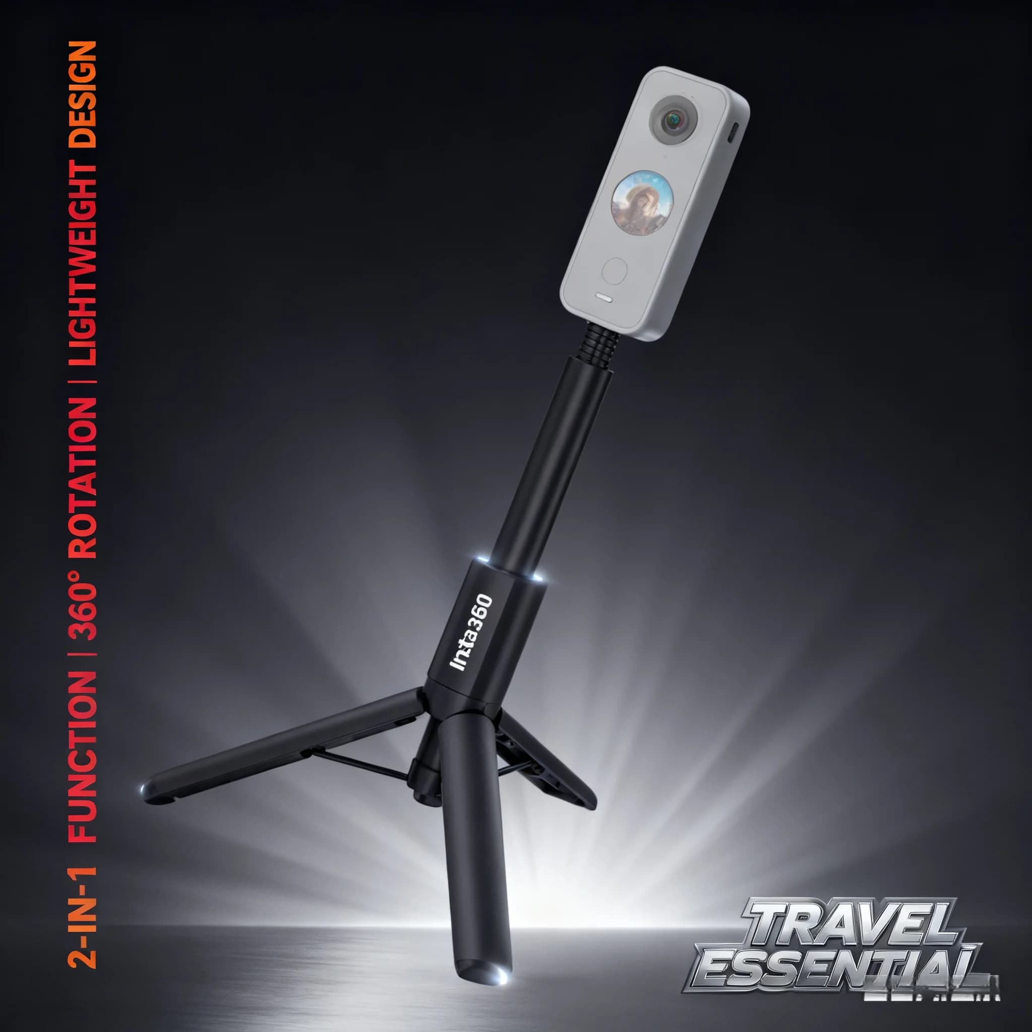 Per accessorio fotocamera Insta360 X5/X4/X3/RS: selfie stick treppiede, design invisibile 2 in 1 + 360 ° Rotazione 1/4" Montaggio