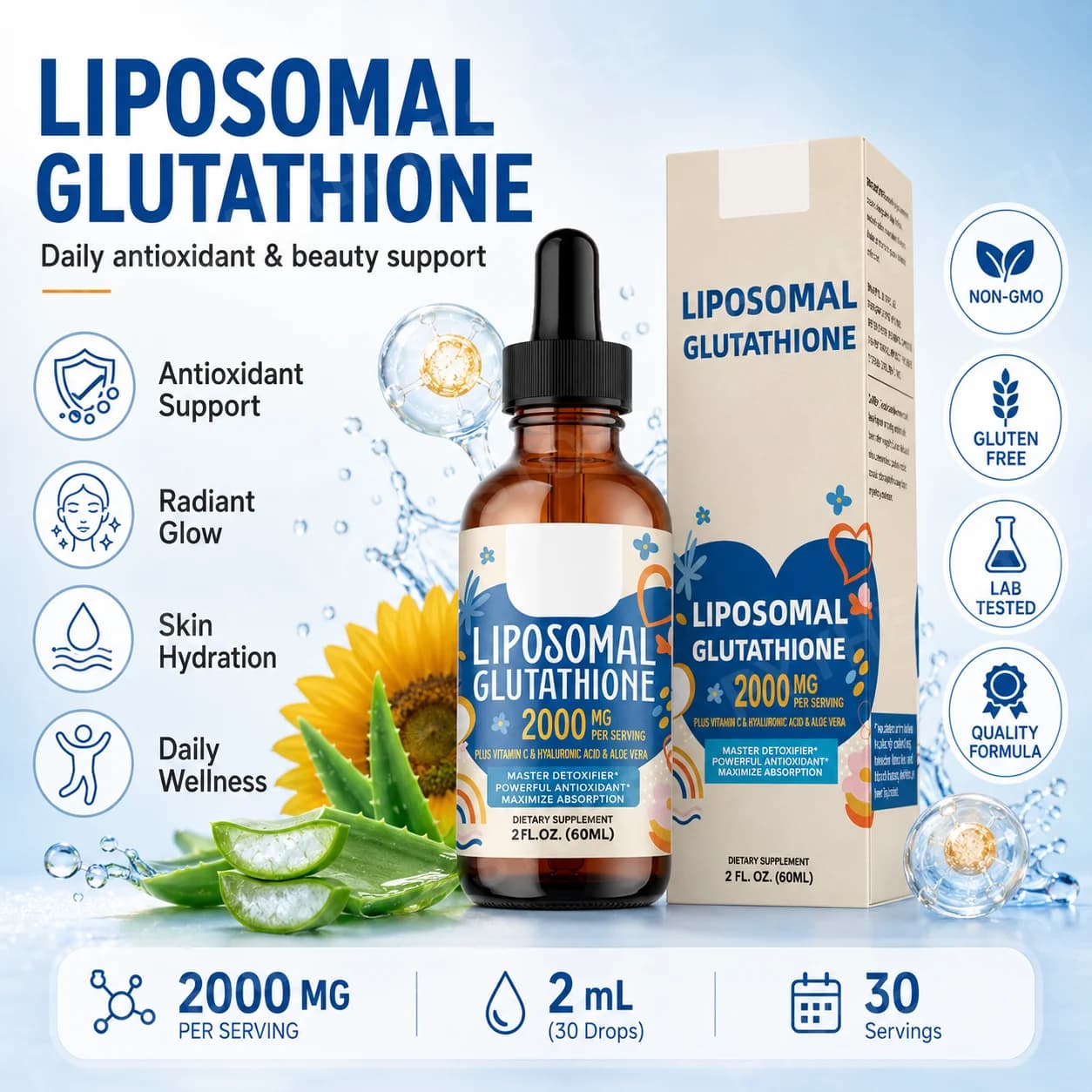 Liposomal Glutathione Liquid Drops 1500mg with Vitamin C, Hyaluronic Acid & Aloe Vera for Beauty Glow and Hydration Support