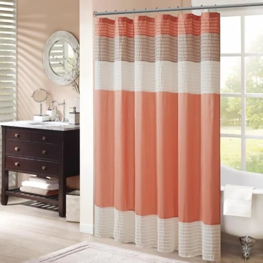Tenda da Doccia Amherst in Finta Seta a Strisce, Moderna in Microfibra, 72x84 Pollici, Corallo