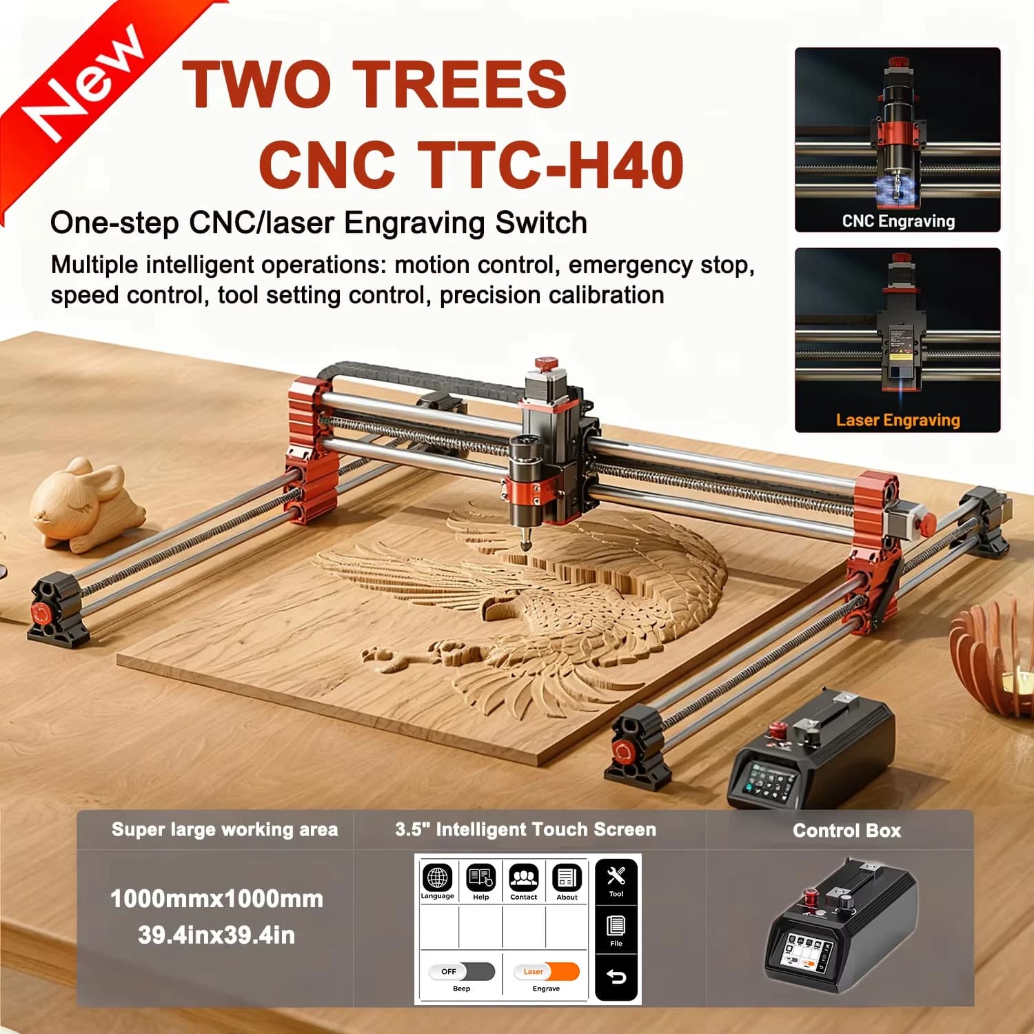 Twotrees TTC H40 Router CNC Macchina 1000x1000mm Ampia area di lavoro Interruttore per incisione CNC/laser in un solo passaggio Compatibile con molti materiali