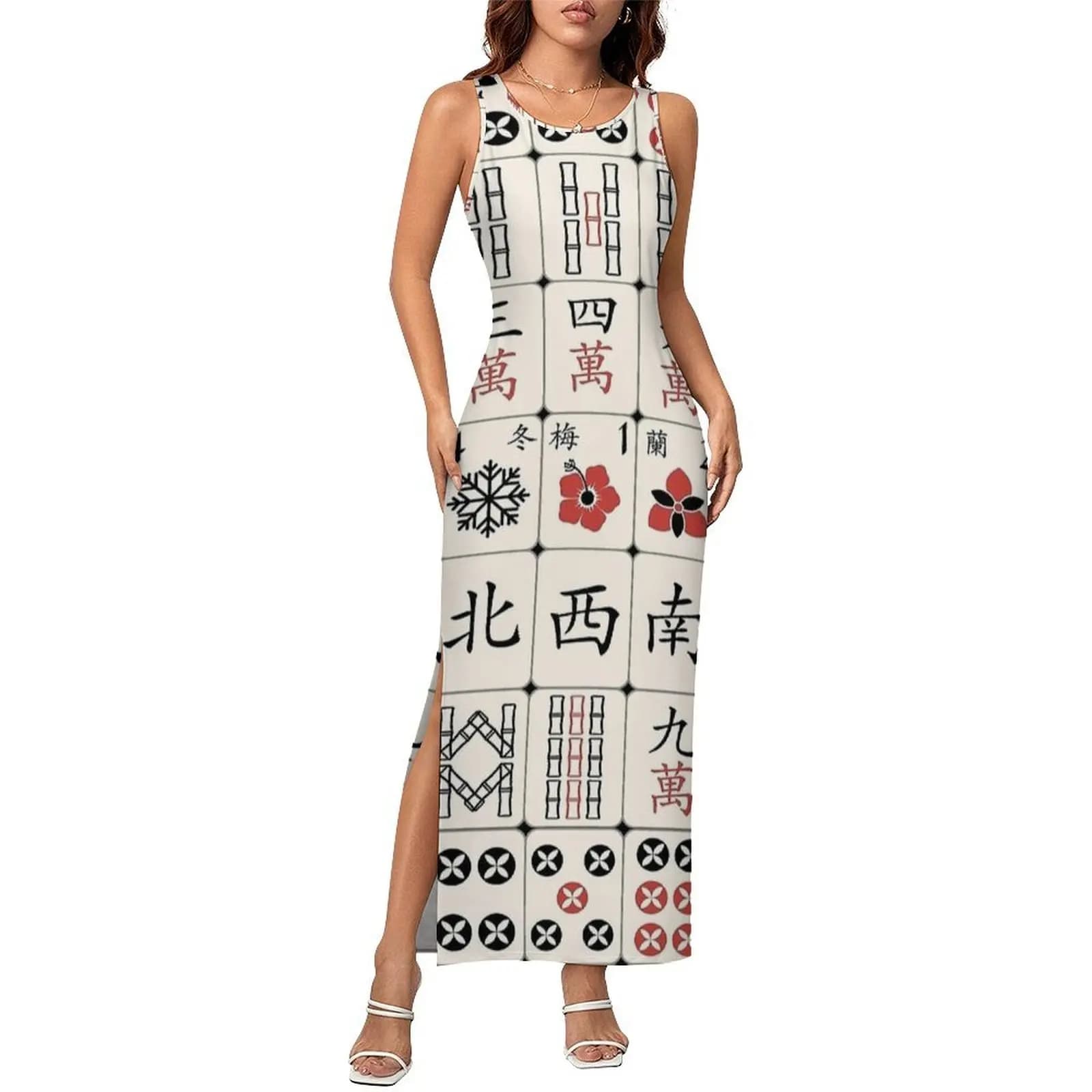 Womens Bodycon Dress Casual Mahjong Tile Pattern Design Maxi Dresses Spring Sleeveless Korean Fashion Pattern Dress Large Size