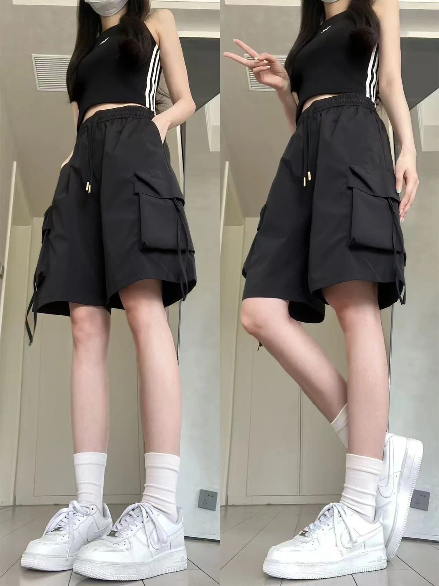 Pantaloncini da Lavoro Stile Americano da Donna, Estivi, Taglie Forti (fino a 136 kg), Vita Alta, Asciugatura Rapida, Gamba Larga, Casual, a Cinque Tasche