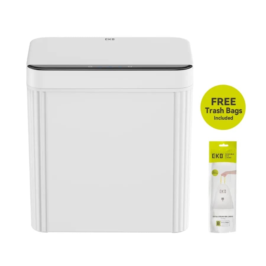 Brio X Bathroom Trash Can 2.6 Gallon Plastic Motion Sensor Wastebasket White with Sample Trash Bags Included