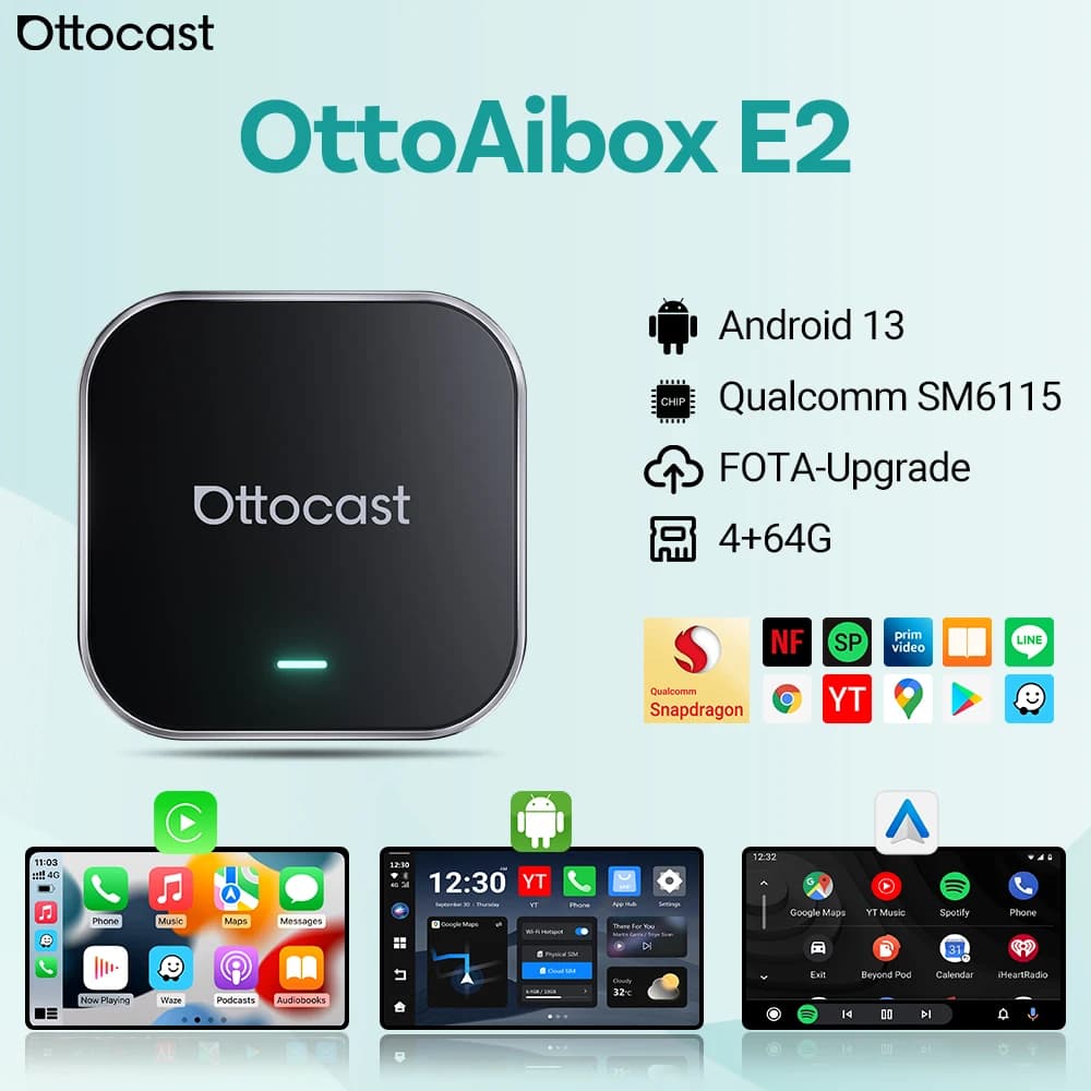Ottocast E2 Wireless CarPlay & Android Auto 3IN1 AI Box 4+64GB Plug & Play con Cloud Card 3.0 Dual WiFi Interfaccia Utente Personalizzabile per VW