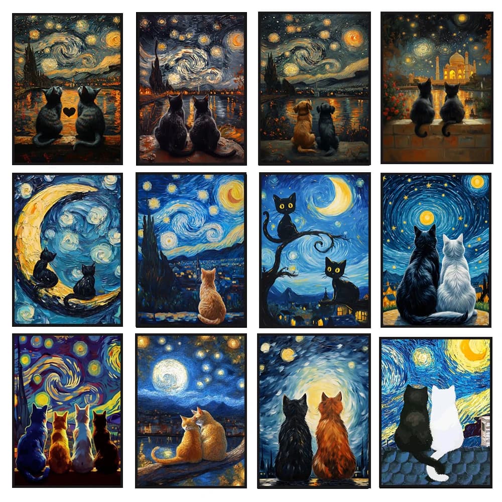 Famous Master Van Gogh Art Poster, Van Gogh Starry Sky and Cat Canvas Art Printing, Used for Room Wall Decoration, Frameless