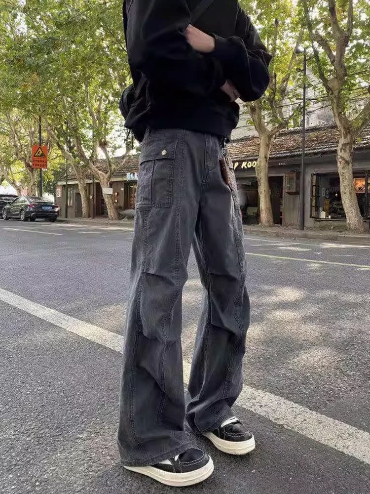 Jeans Americani a Gamba Larga Stile Workwear da Uomo, Pantaloni Dritti Larghi con Pieghe, Versatili, Stile Militare, Tendenza Autunnale