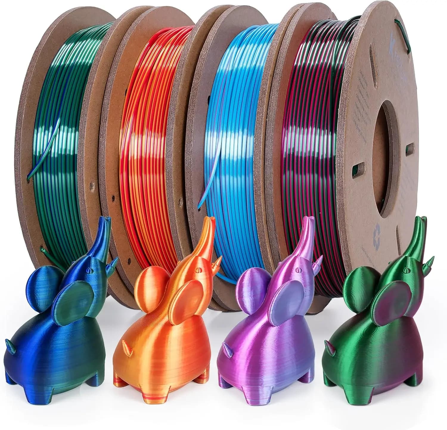 3D Printer Filament in Bicolor Silk, PLA 1.75mm, Set of 4 Coils: Pink, Blue, Red, Gold, Purple, Green