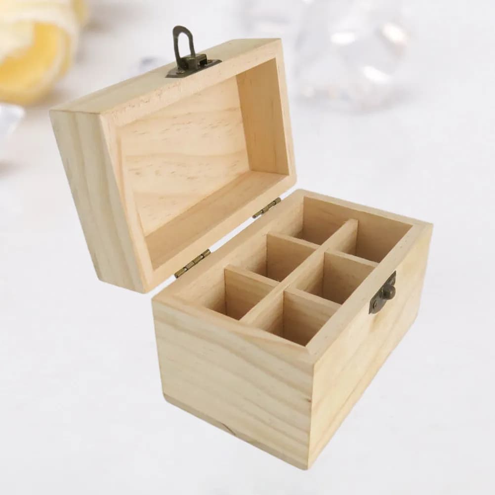 Wooden box with tilt cover, 6 compartment desk organizer for essential oils, aromatherapy and skin care products
