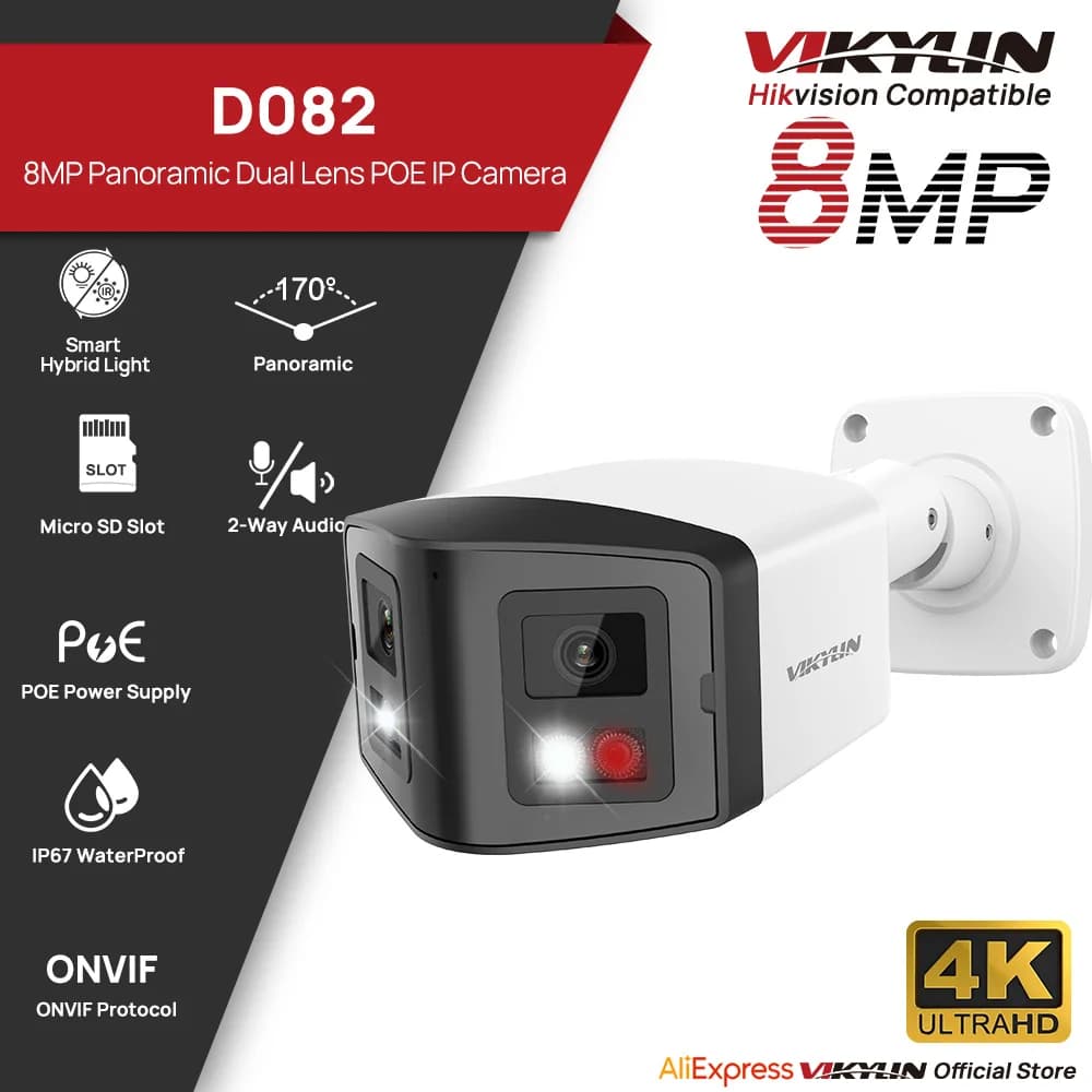 VIKYLIN 170 ° Telecamera di Sicurezza Panoramica 4K Intelligente con Doppia Luce, Telecamera IP a Doppia Lente 8MP, Videosorveglianza Esterna con POE Onvif IP67