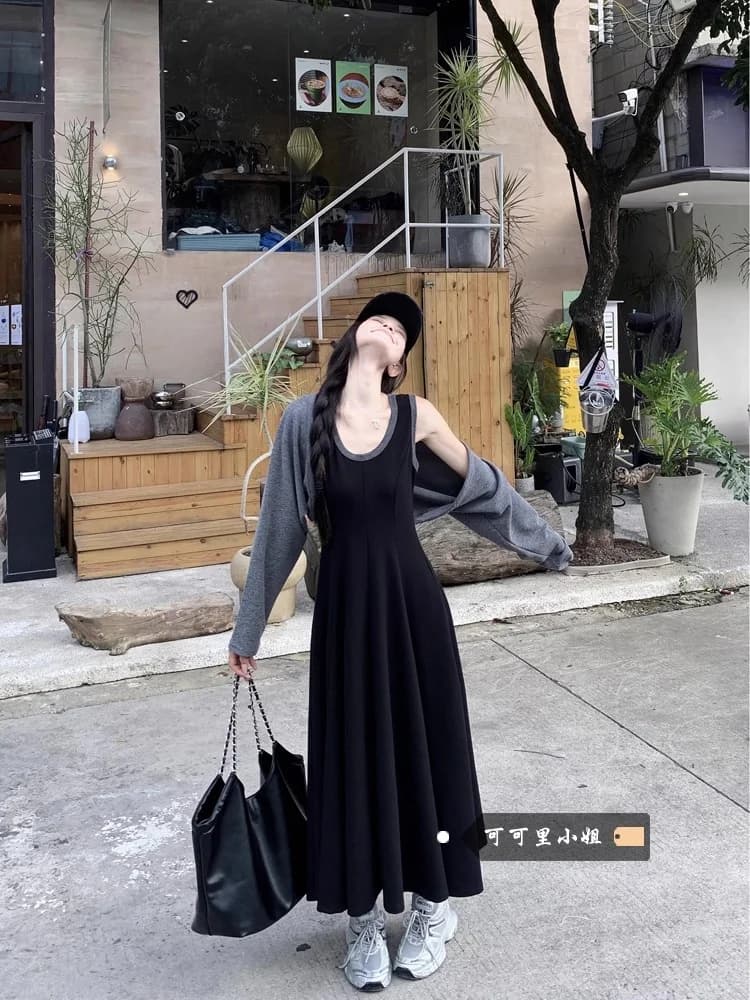 Color Blo Vest Dr Women's Autumn New High Waist Slim A-Line Svel Long Skirt Ele Sle Commute High Waist