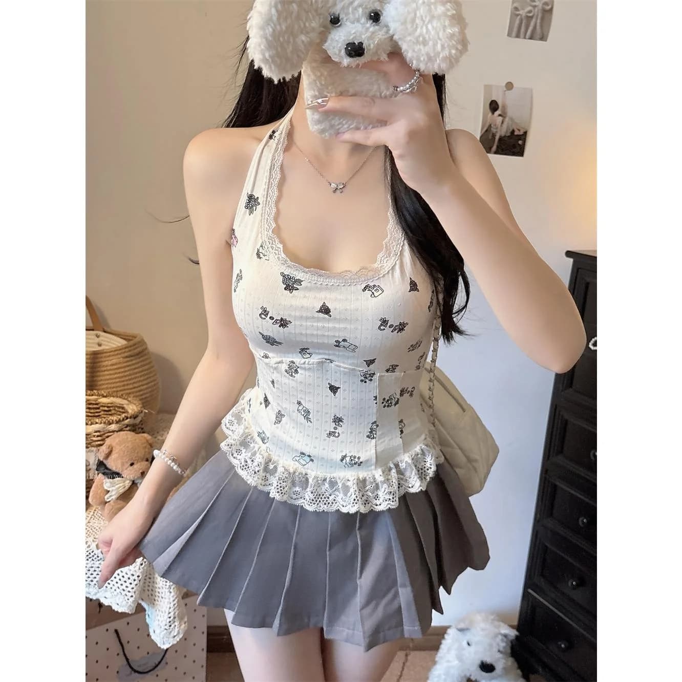 Sweet Style Lace Trimmed Cartoon Print Halter Neck Vest Women Summer Inner And Outer Wear Cotton Standard Fit Commute Suitable