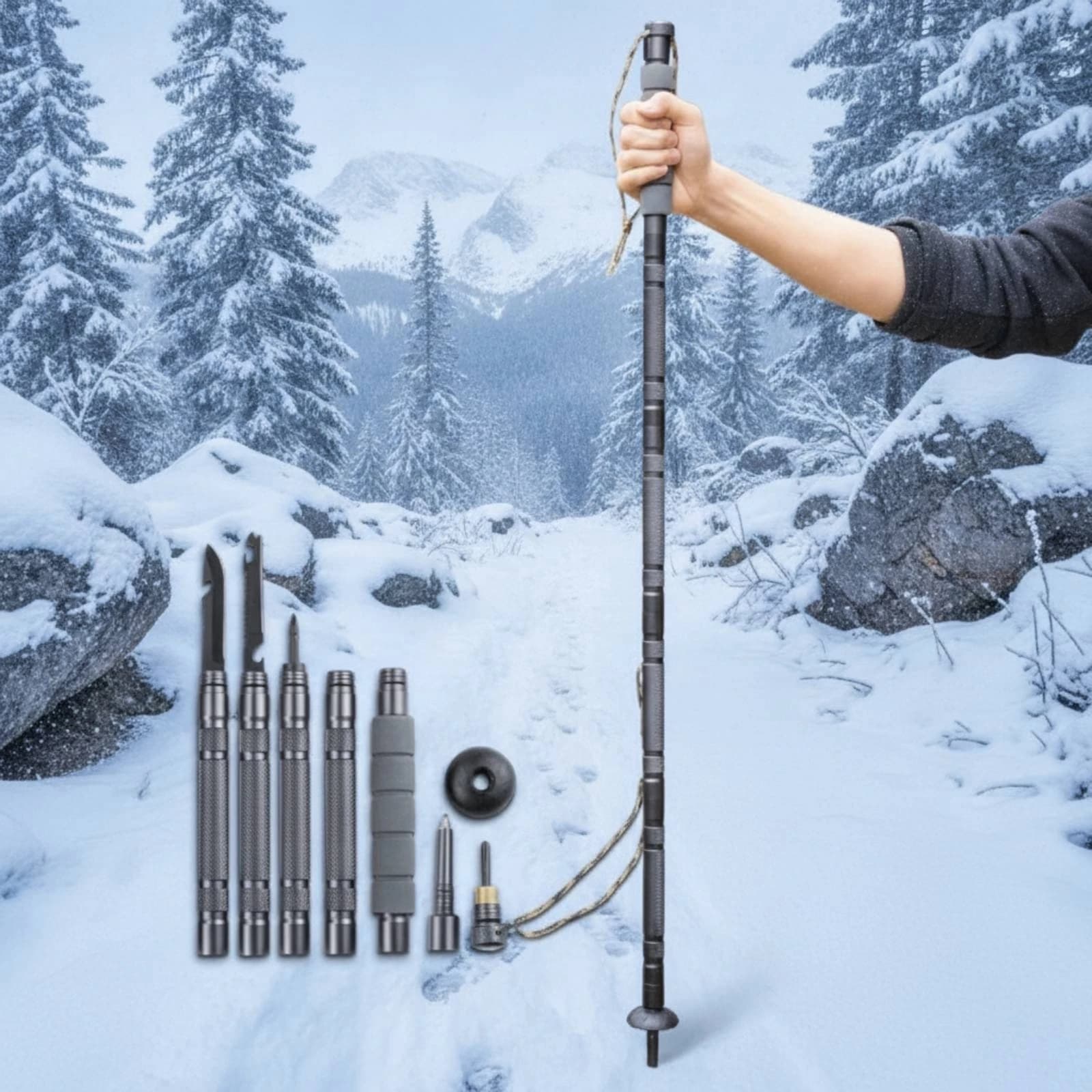Multifunctional Trekking Pole Lightweight Sectional Hiking Pole Foldable Survival Pole Non-Slip Grip Trekking Pole