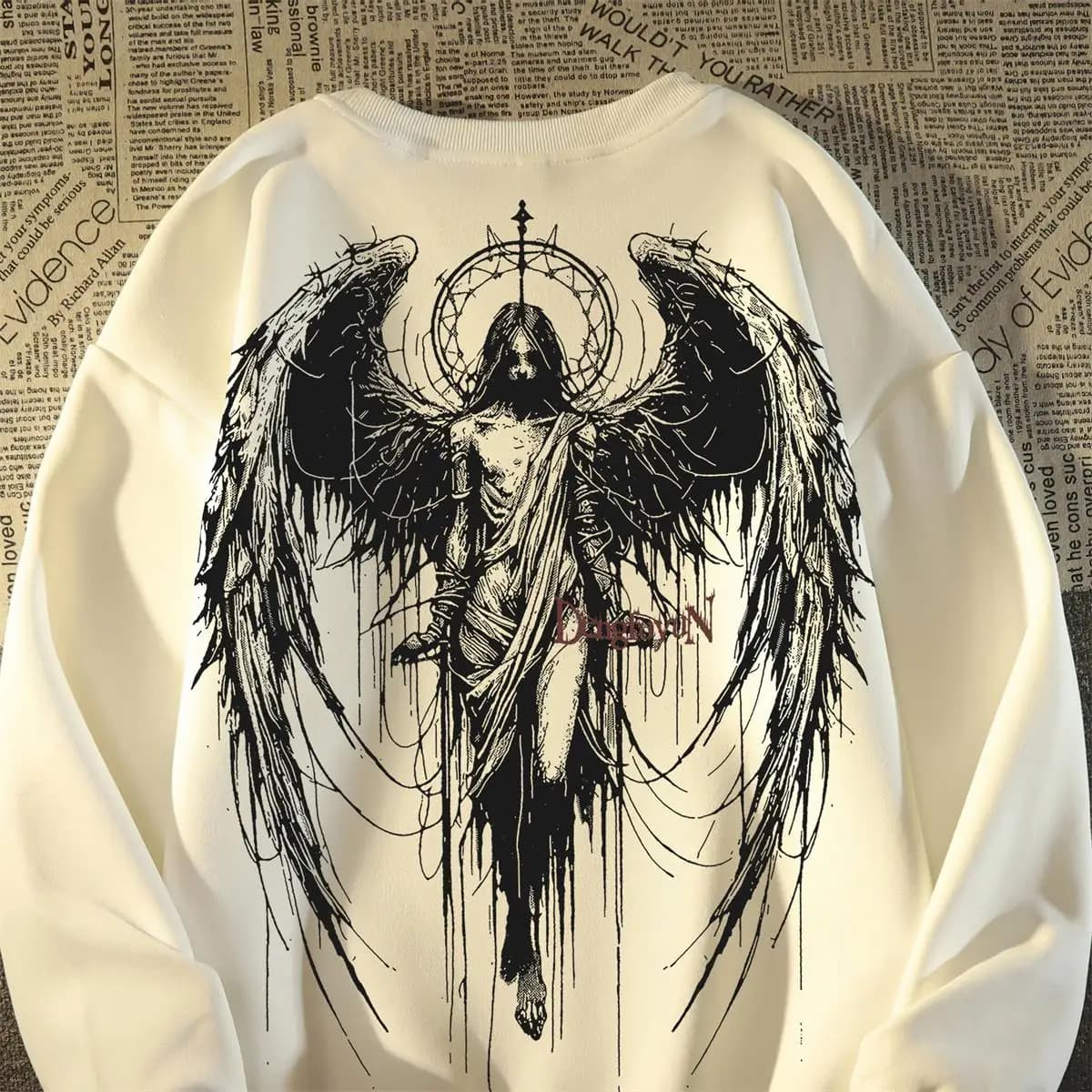 Large Size 300 Pounds Men's Hoodie round Neck Angel Wings American High Street Hip Hop Style Autumn Winter Couple's Jacket