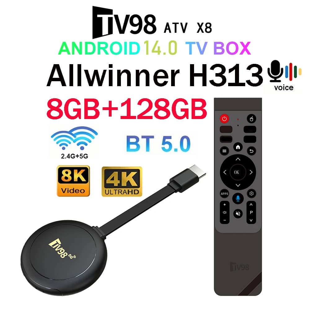TV98 ATV X8 TV Stick Android 14 Smart 4G 5G Dual Wifi 8GB 128GB Allwinner H313 Quad-Core HD 8K 4K BT5.0 Telecomando Vocale IPTV