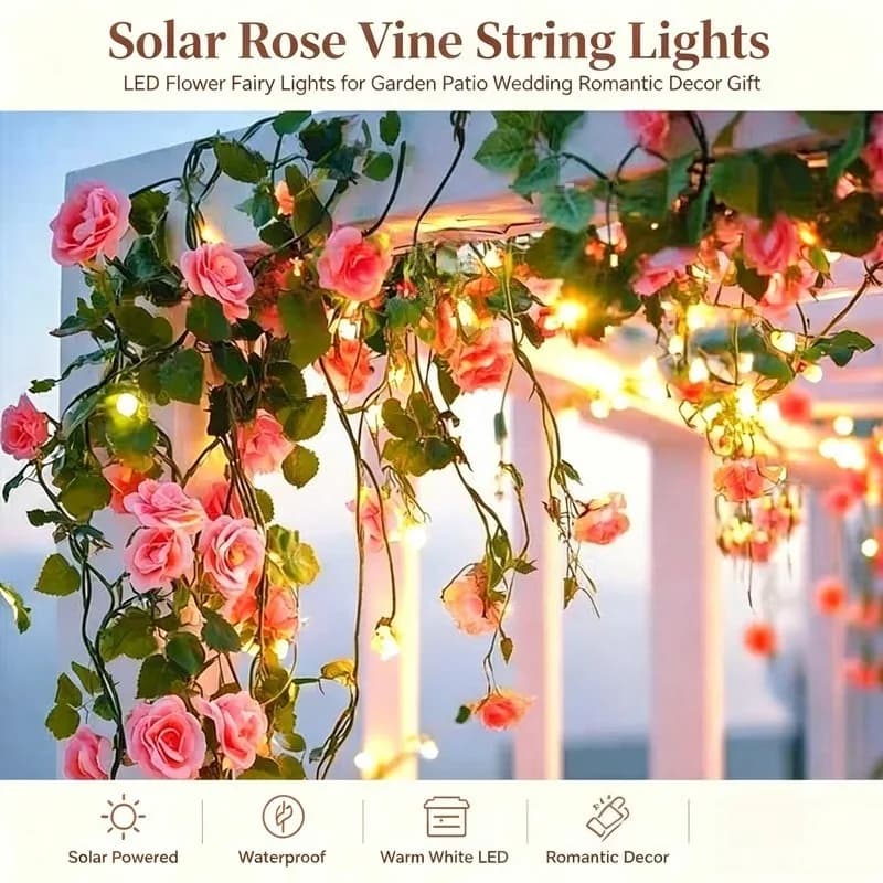 LED Solar Rose Vine Lights, Flower Fairy String Lights for Outdoor Garden Patio Wedding Decor