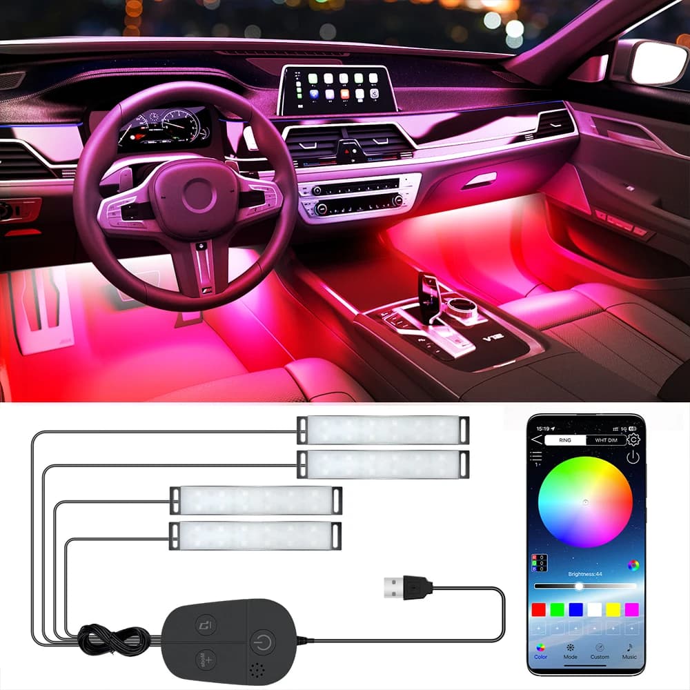 USB Neon Car Interior Lampade decorative Strisce Luci d'atmosfera Musica remota Controllo app Luci ambientali a LED RGB Lampade per feste