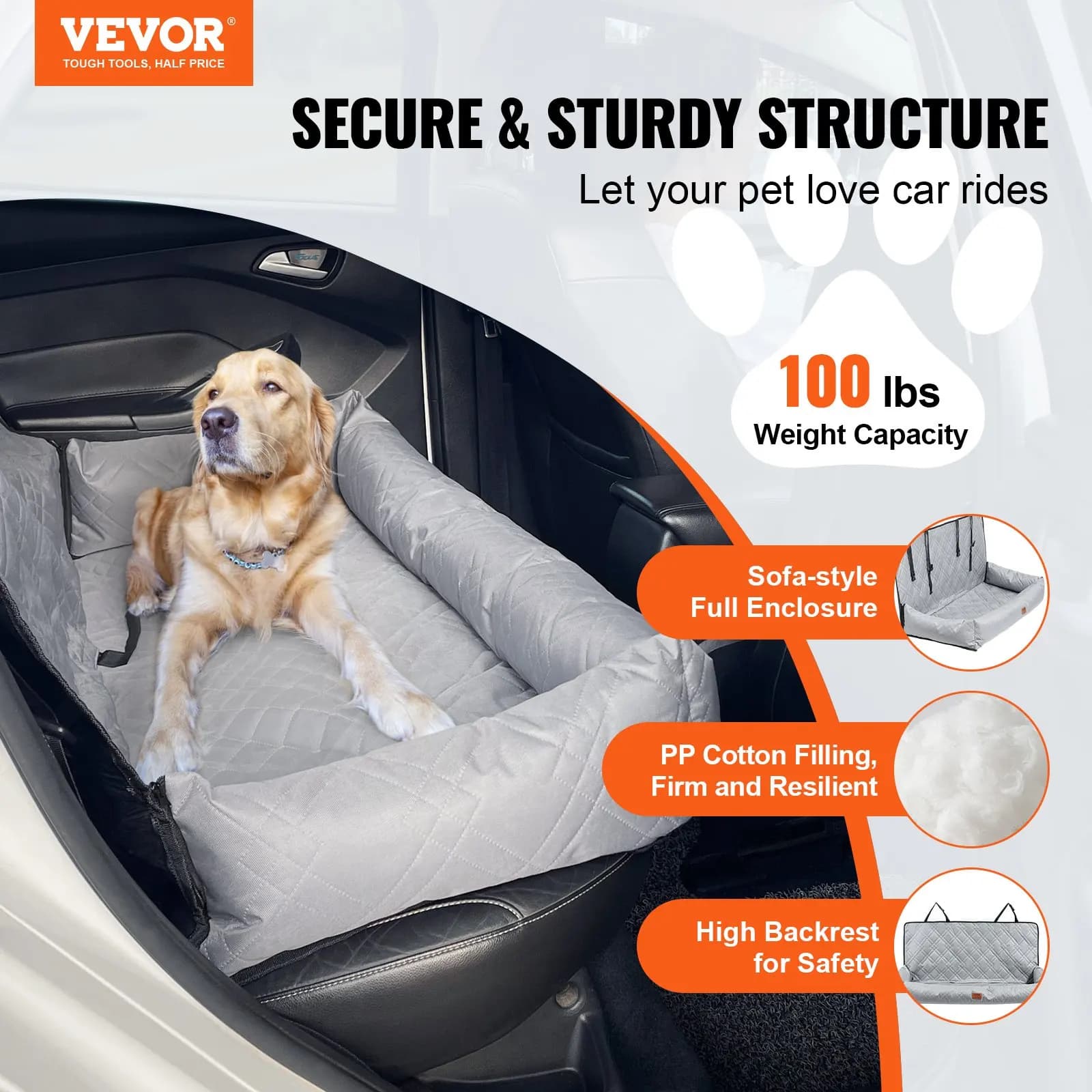 Seggiolino auto per cani, seggiolino rialzato impermeabile per auto, seggiolino auto per animali domestici con guinzaglio di sicurezza a clip, imbottitura in cotone PP, cuccia auto per cani