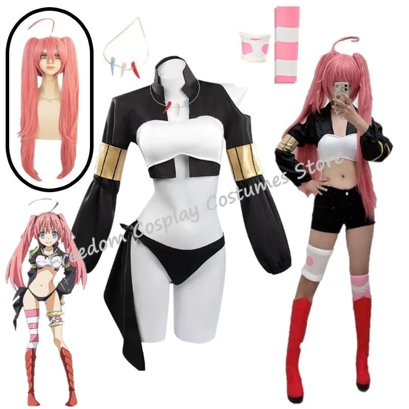 Anime That Time Got Reincarnated As A Slime Milim Nava Cosplay Costume Short Black Coat Pink Wig Woman Sexy Halloween Party Suit